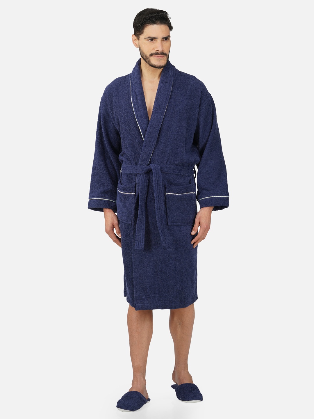 

RANGOLI Unisex Pure Cotton 400 GSM Large Bath Robe with Slippers, Navy blue