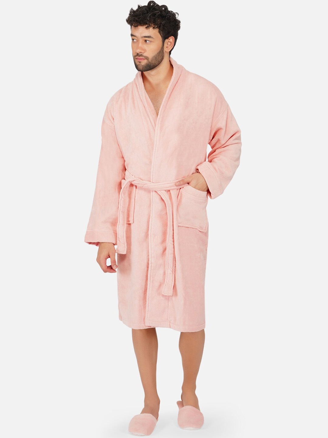 

RANGOLI Men Peach-Coloured Solid Pure Cotton 550 GSM Bath Robe With Slippers