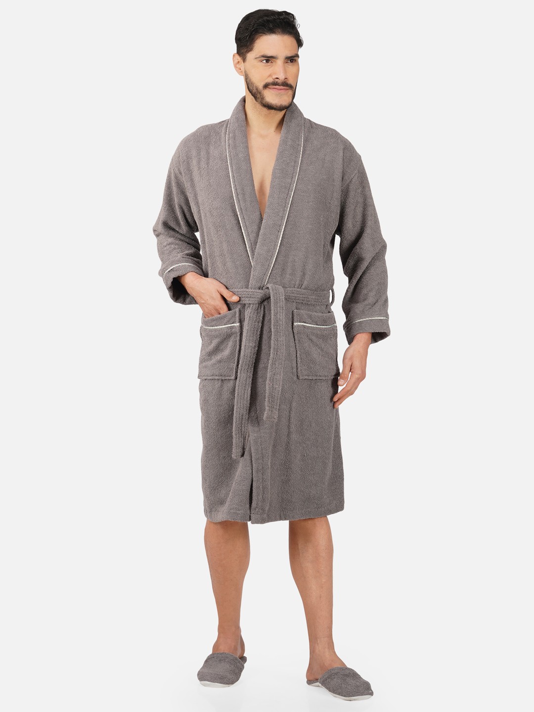 

RANGOLI Unisex Grey Pure Cotton 400 GSM Large Bath Robe with Slippers