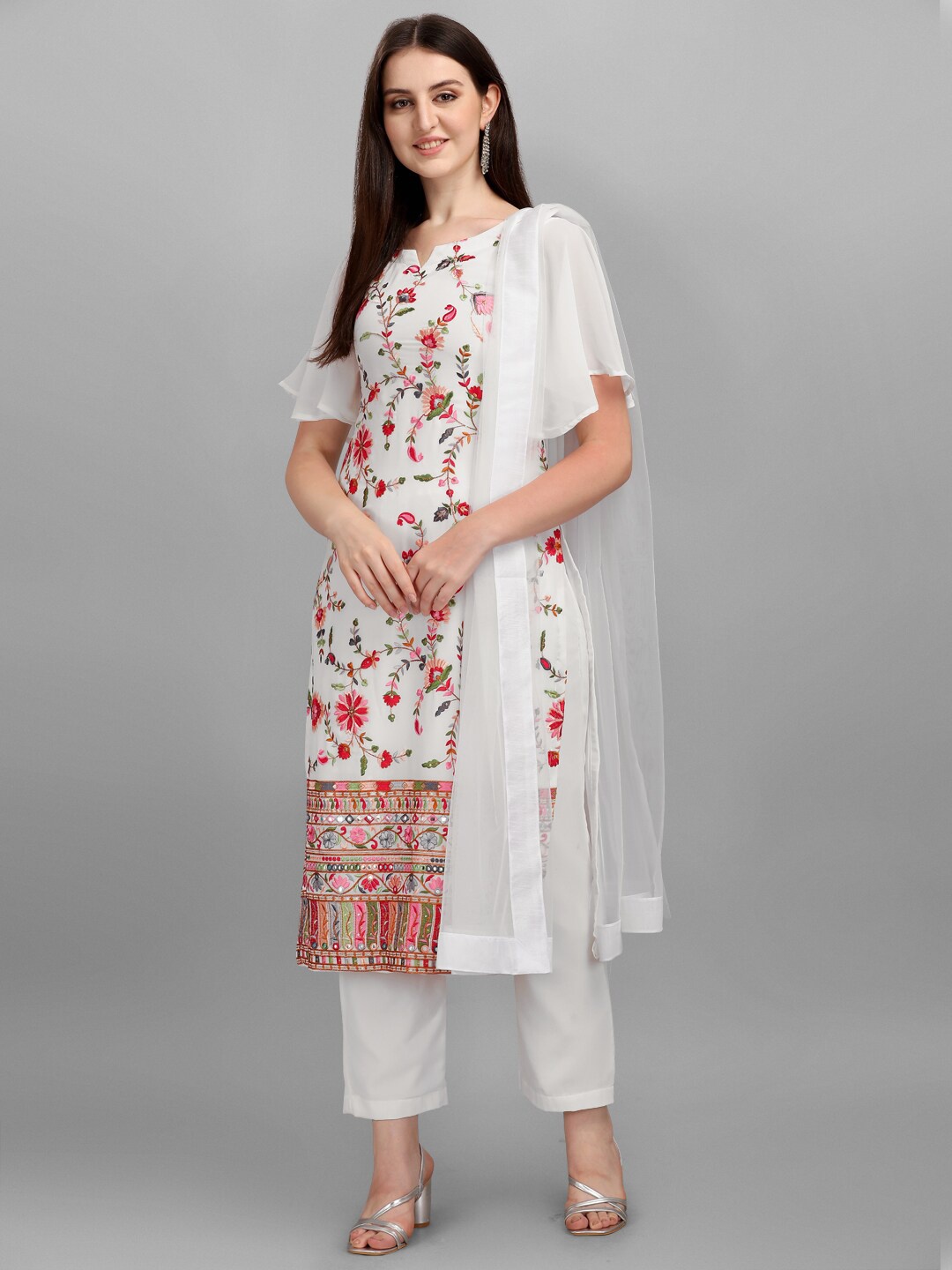 

JATRIQQ Women White Embroidered Semi-Stitched Dress Material