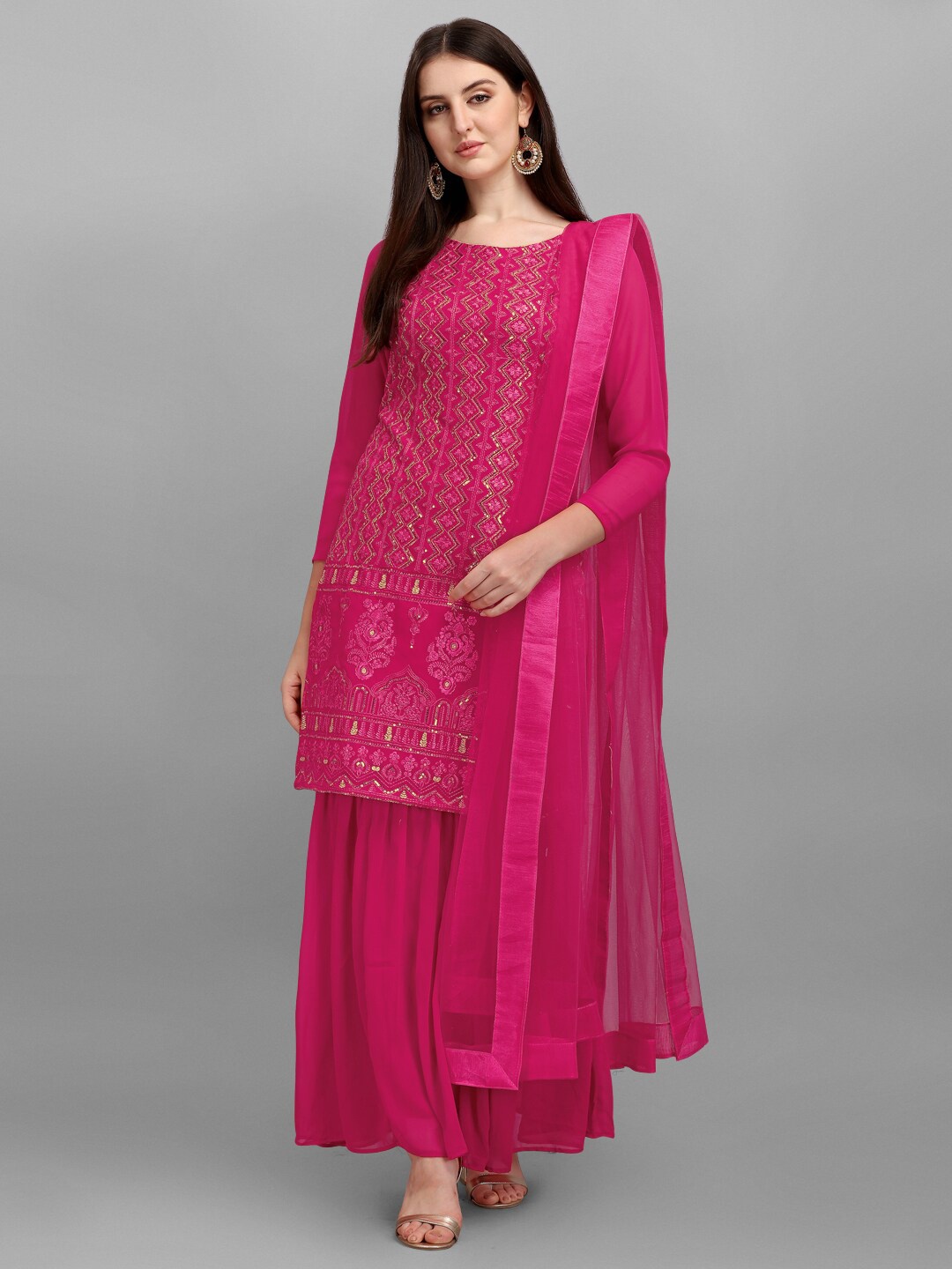 

JATRIQQ Magenta Embroidered Faux Georgette Semi-Stitched Dress Material