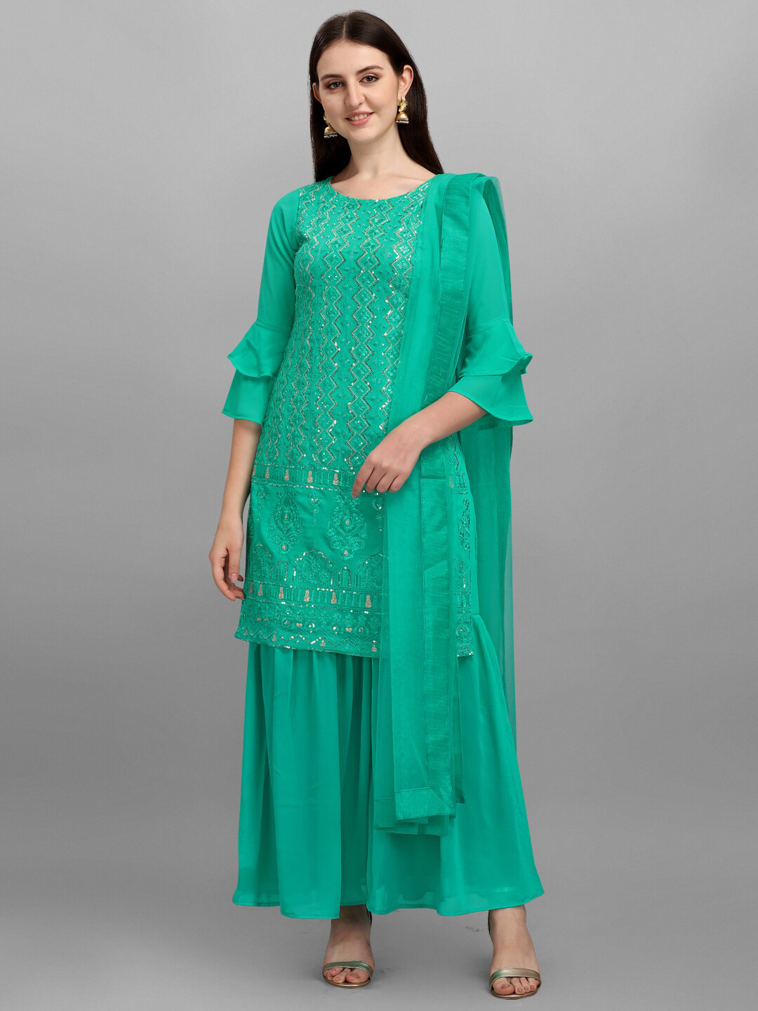 

JATRIQQ Teal Green Embroidered Semi-Stitched Dress Material