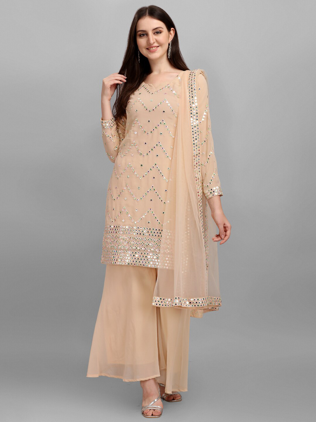 

JATRIQQ Beige & Silver-Coloured Embroidered Semi-Stitched Dress Material