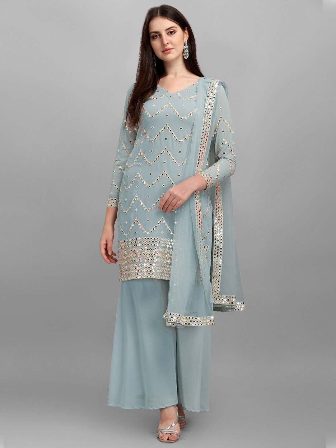 

JATRIQQ Women Grey Embroidered Semi-Stitched Dress Material