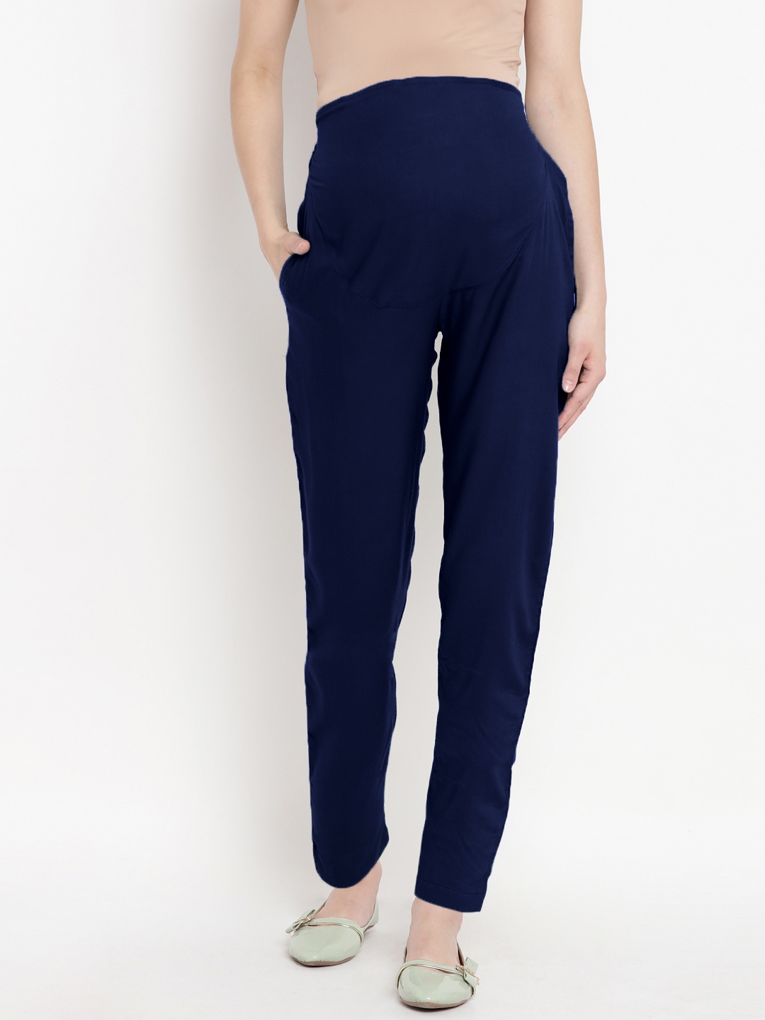 

Mine4Nine Women Navy Blue Relaxed Straight Leg Easy Wash Maternity Trousers