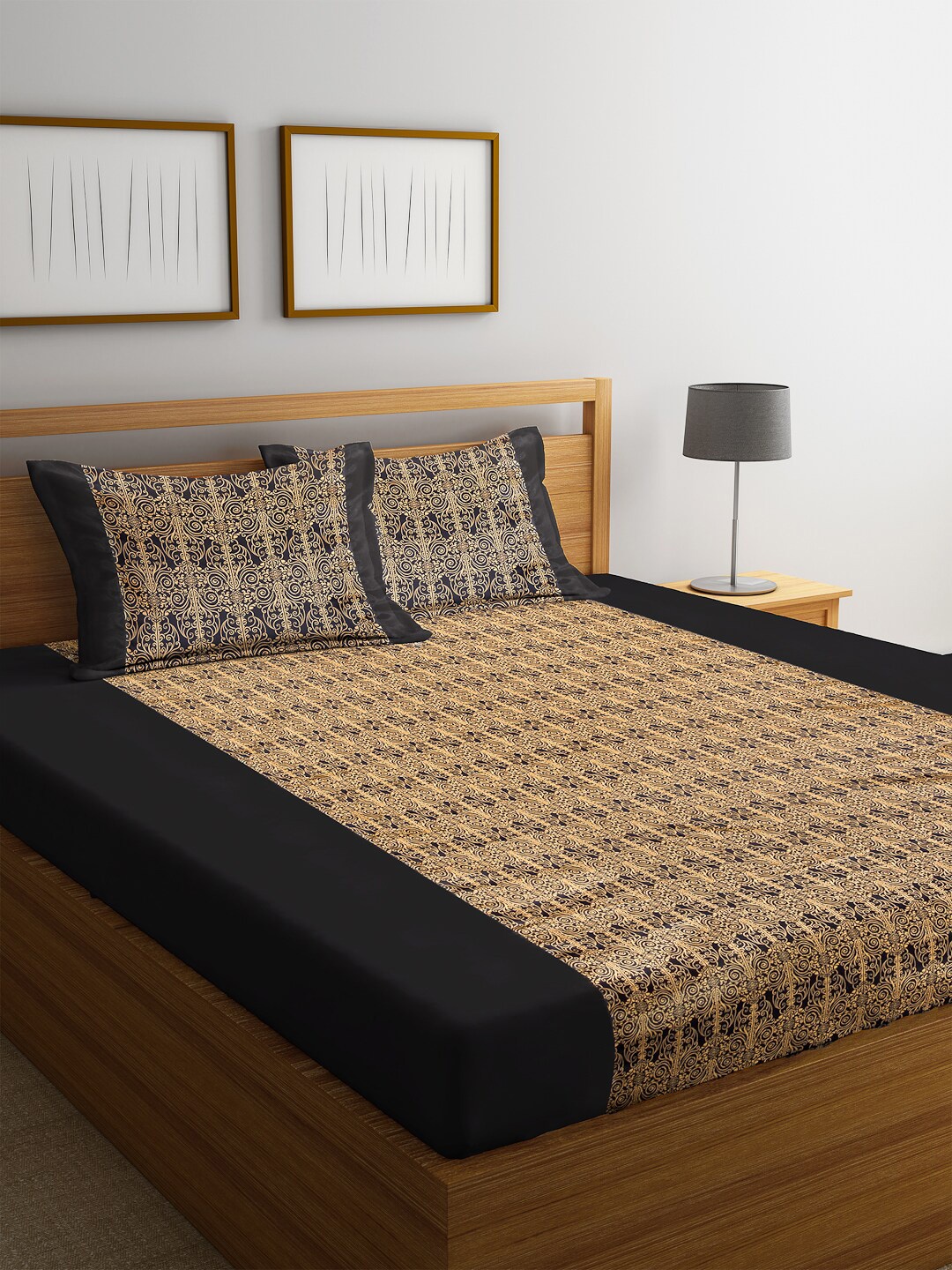 

DECOREALM Beige & Black Ethnic Motifs 300 TC King Bedsheet with 2 Pillow Covers