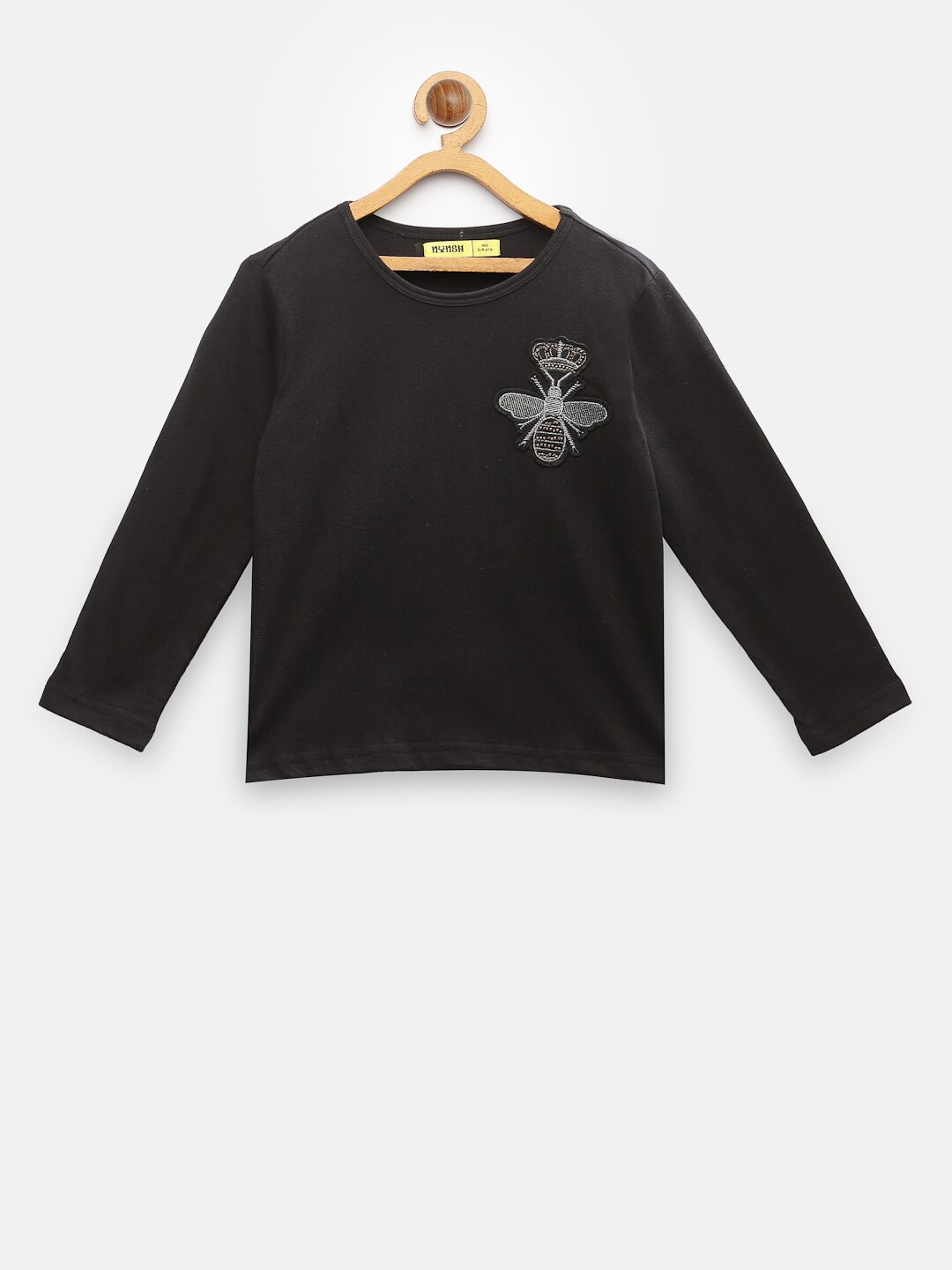 

NYNSH Girls Black Cotton T-shirt with Embroidered Detail