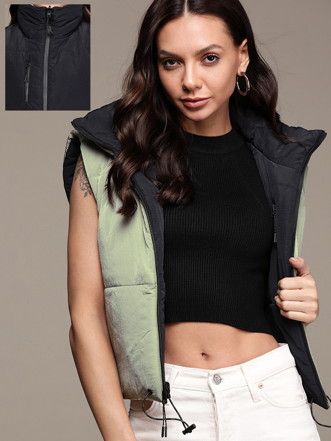 

MANGO Women Black & Olive Green Solid Reversible Padded Jacket