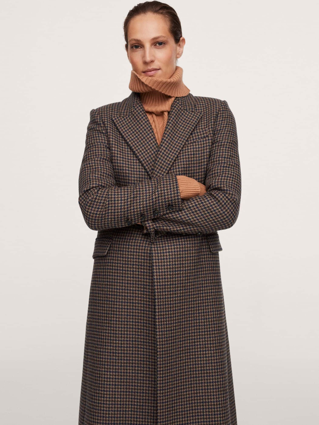 

MANGO Women Beige & Brown Houndstooth Pattern Longline Overcoat