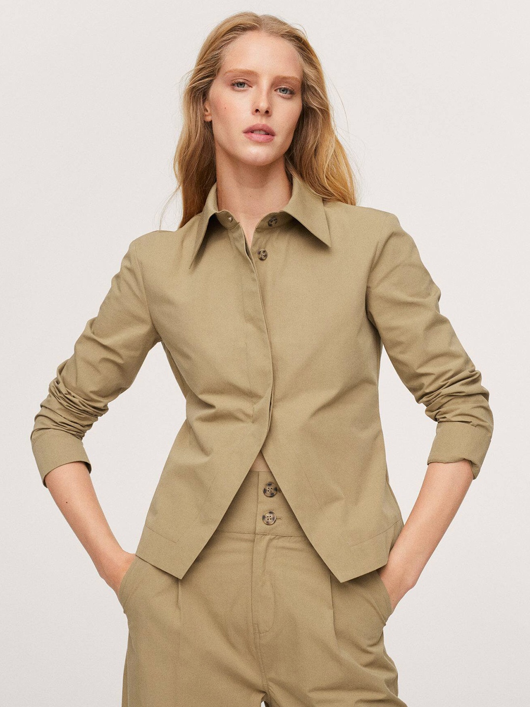 

MANGO Women Pure Cotton Casual Shirt, Beige