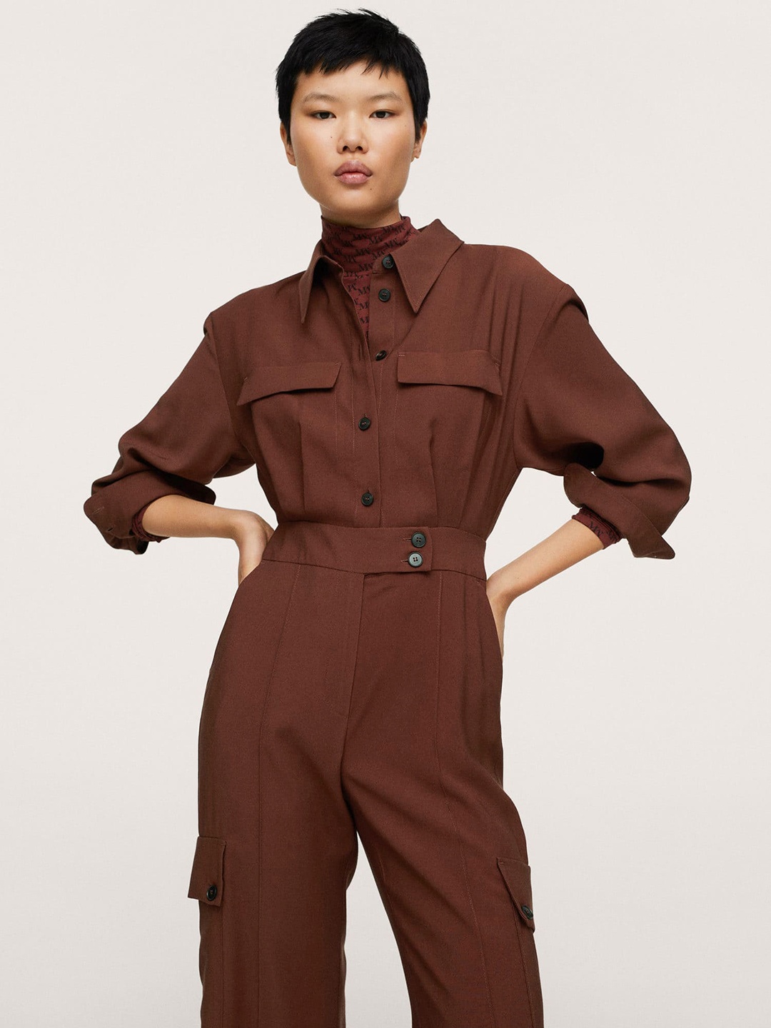

MANGO Long Chest Pocket Basic Jumpsuit, Brown
