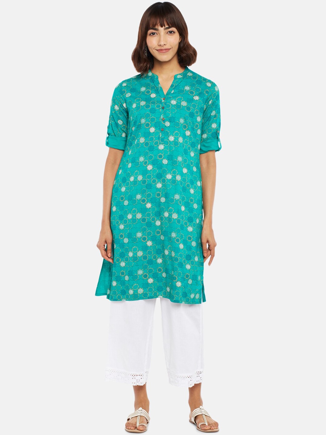 

RANGMANCH BY PANTALOONS Women Green & White Ethnic Motifs Printed Straight Kurta