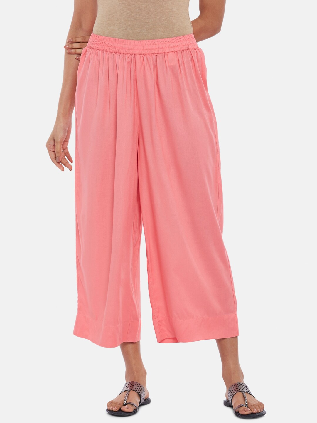 

RANGMANCH BY PANTALOONS Women Coral Solid Wide Leg Palazzo