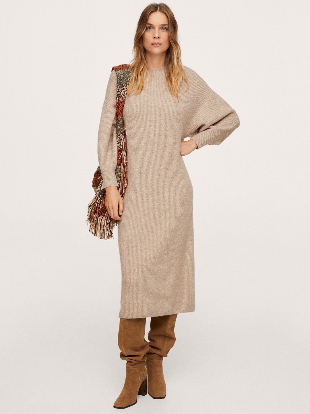 

MANGO Beige Ribbed Midi Sweater Dress