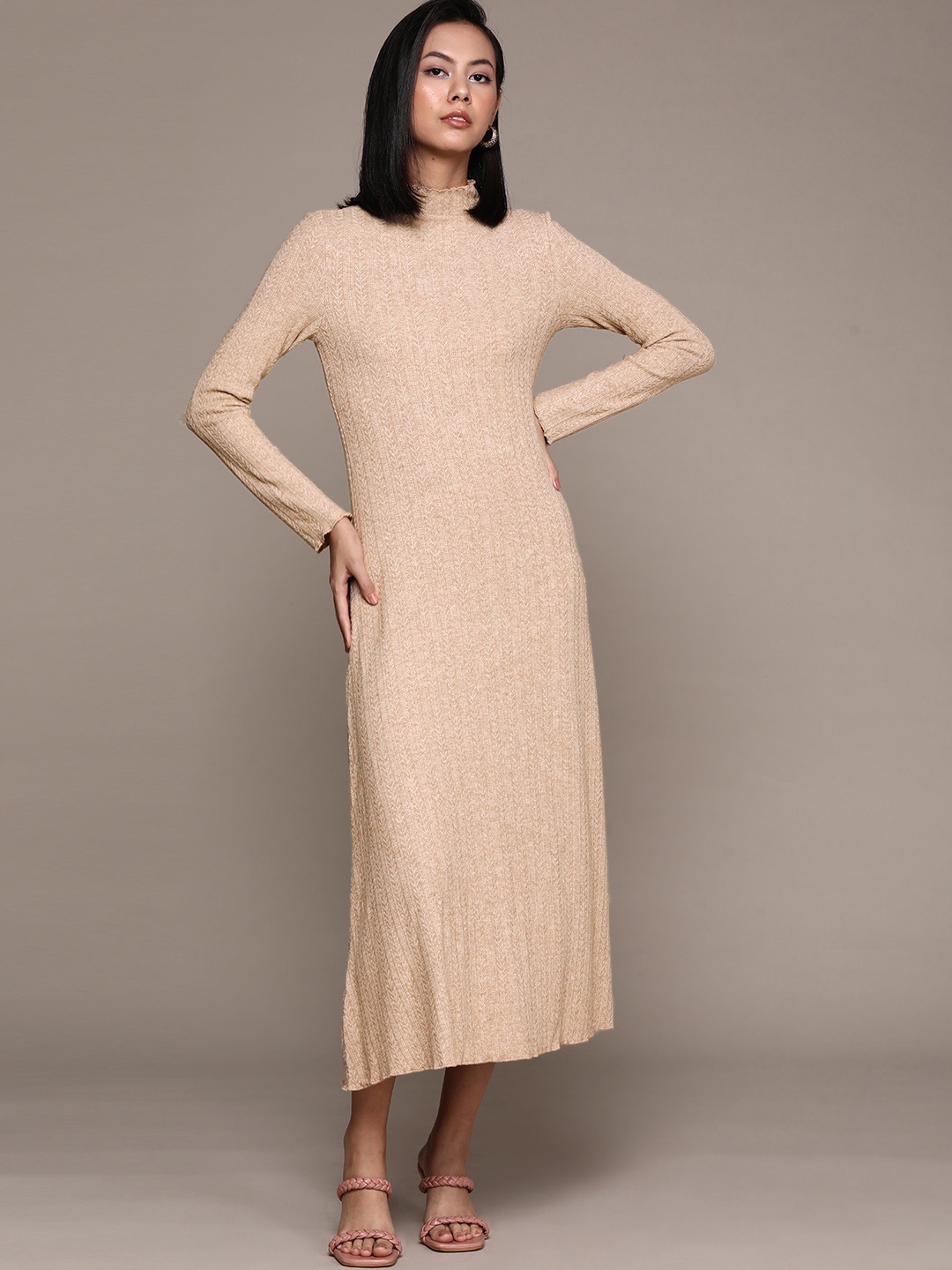 

MANGO Beige High-Neck Ribbed Knitted Sweater Midi Dress