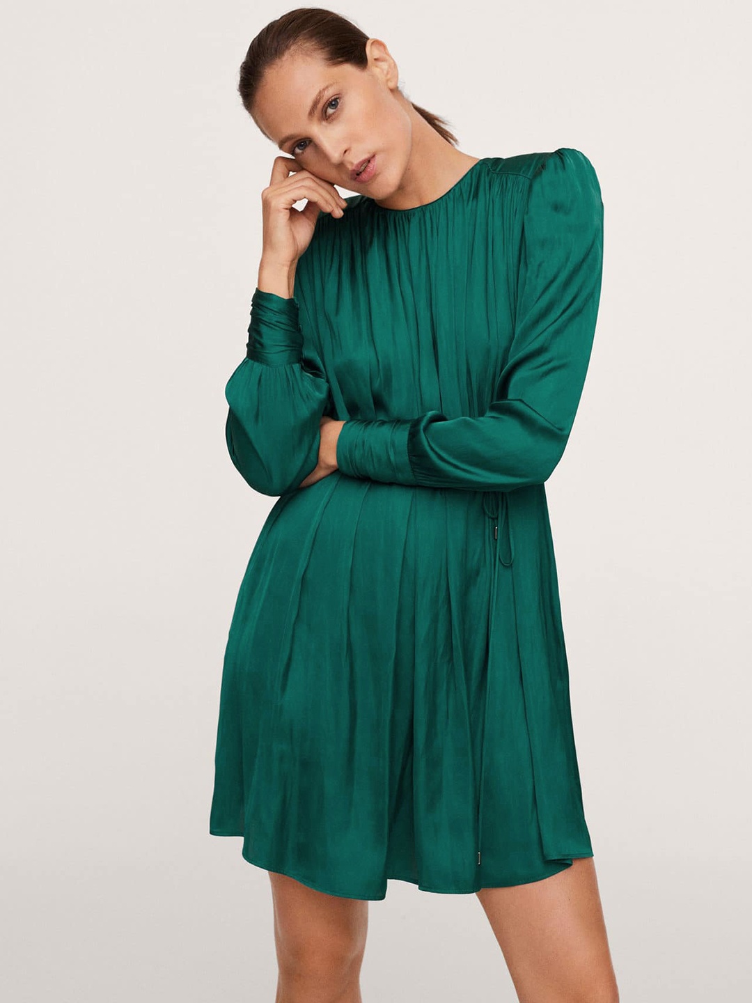 

MANGO Satin Shoulder Pad A-Line Mini Dress, Green