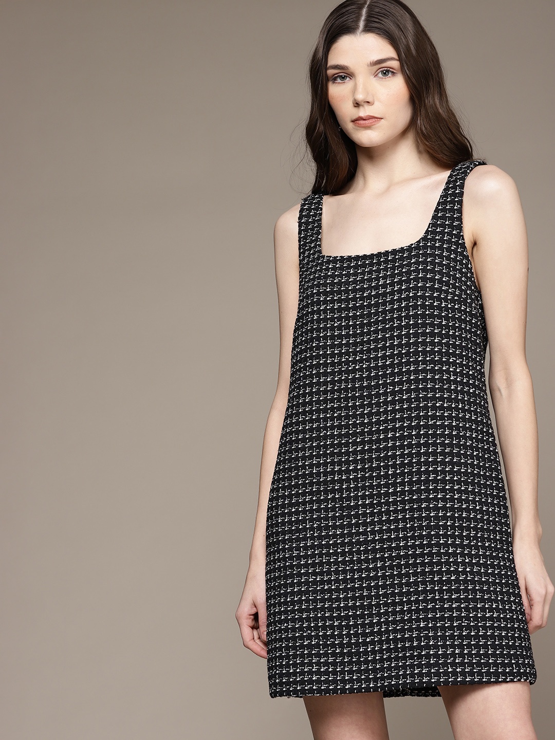 

MANGO Black & White Self Design Sheath Dress