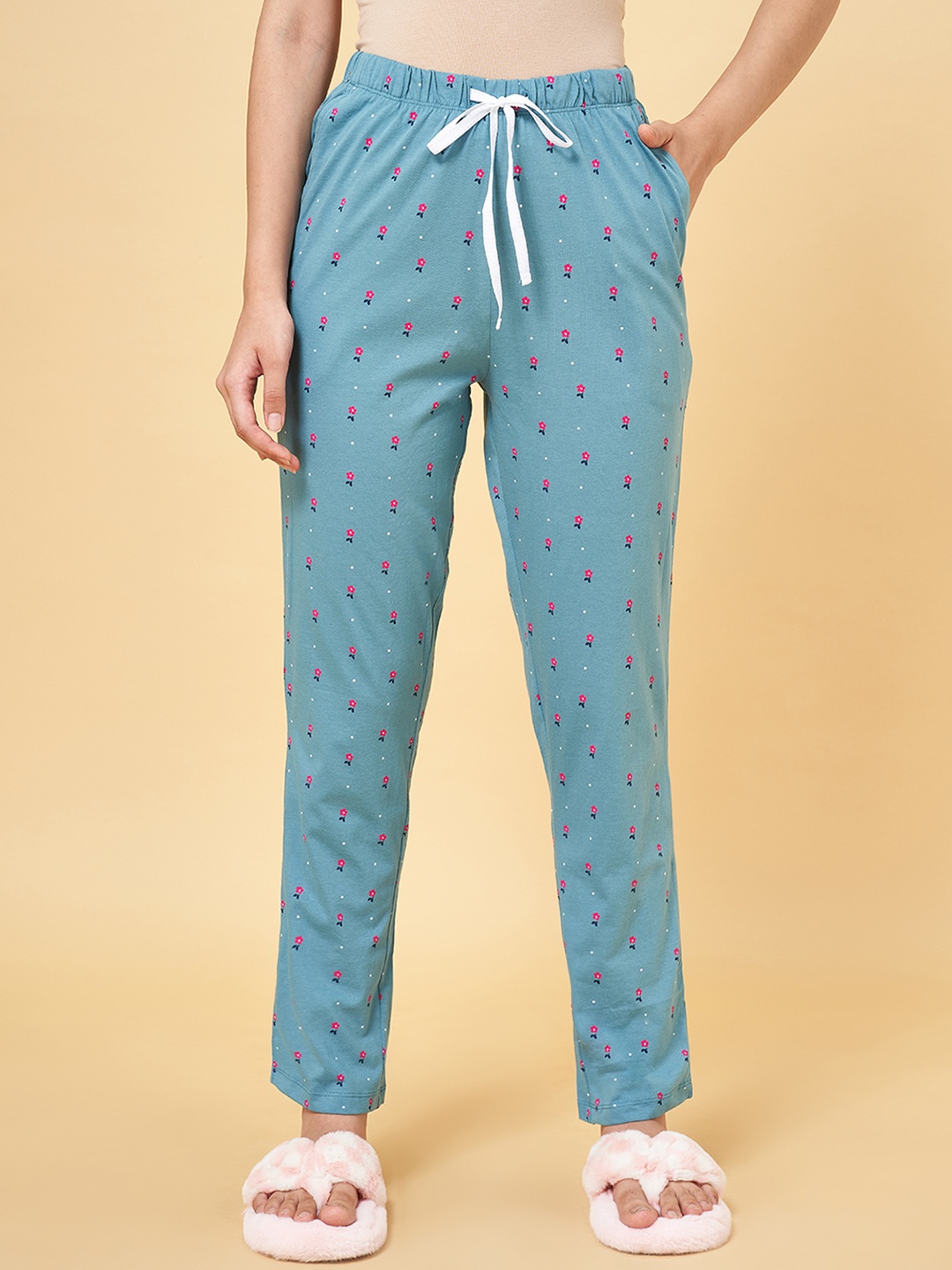 

Dreamz by Pantaloons Women Sea Green Printed Pure Cotton Lounge Pants