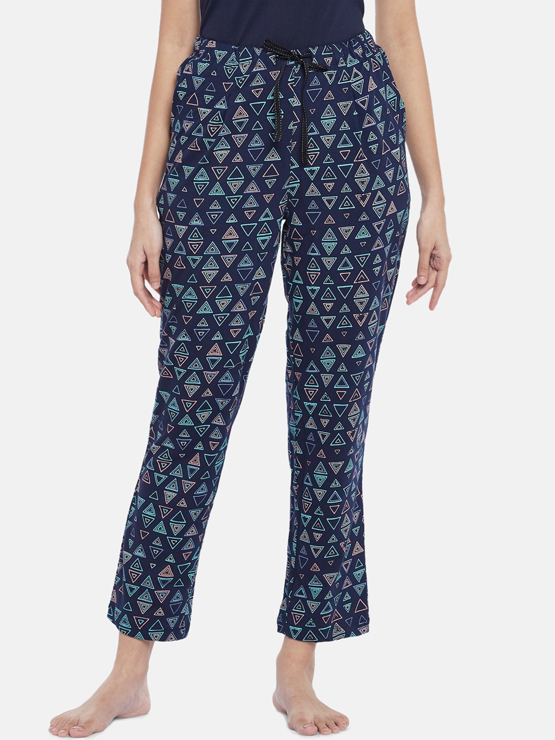 

Dreamz by Pantaloons Women Navy Blue & Peach-Coloured Geometric Print Cotton Lounge Pants