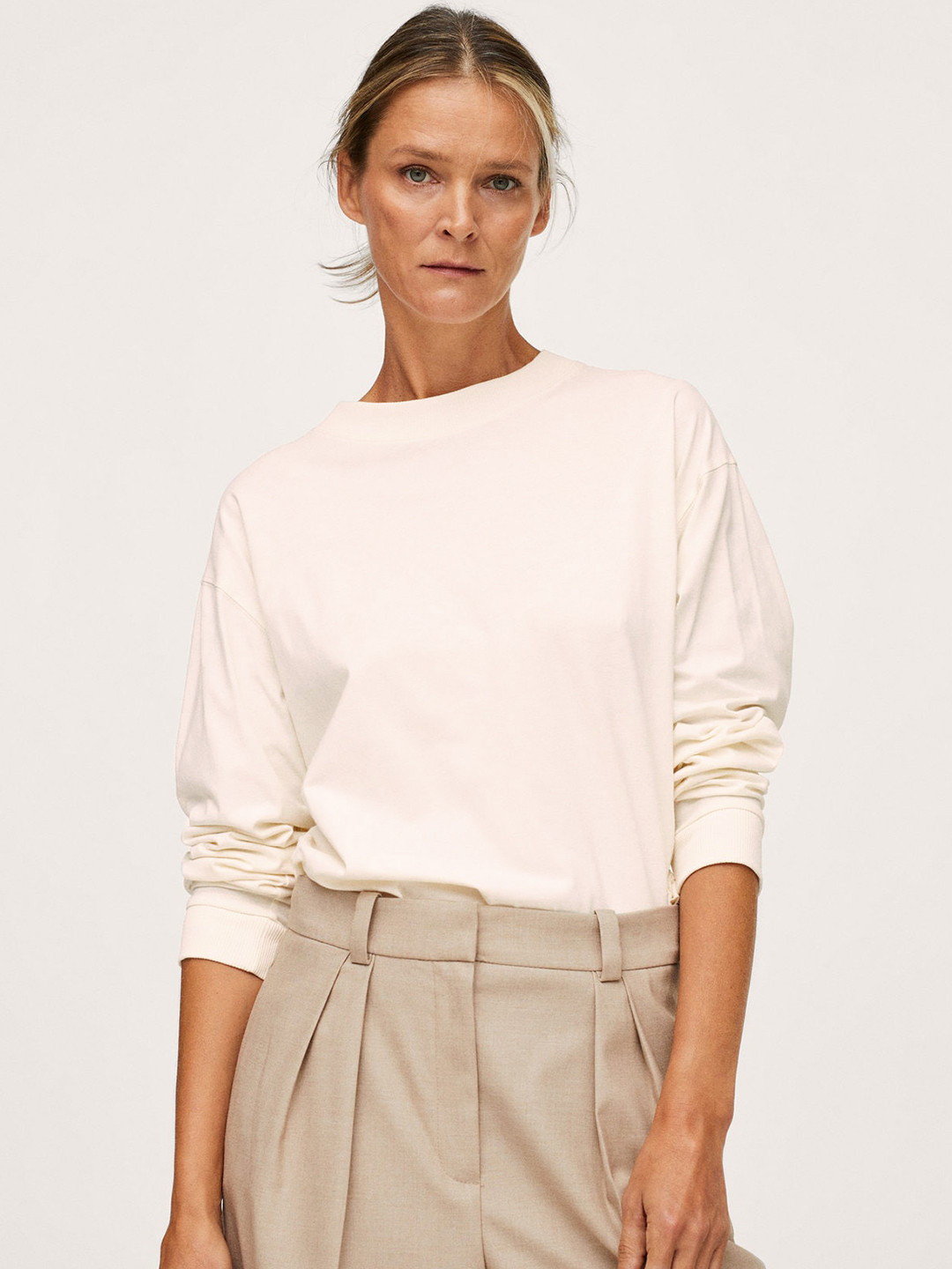 

MANGO Women Off White Pure Cotton Drop-Shoulder Sleeves Loose T-shirt