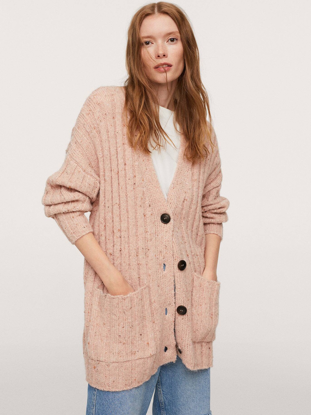 

MANGO Women Pink Self Design Speckle Longline Cardigan