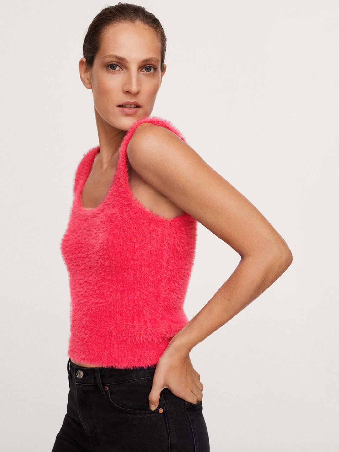 

MANGO Women Pink Fuzzy Detail Ribbed Top