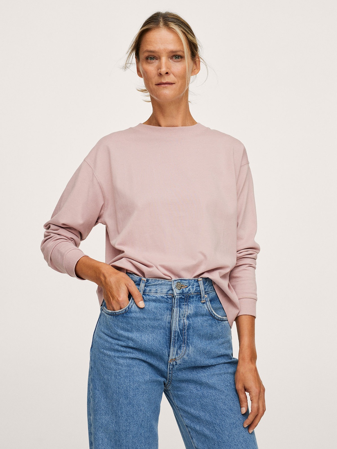 

MANGO Women Pink Pure Cotton Drop-Shoulder Sleeves Loose T-shirt