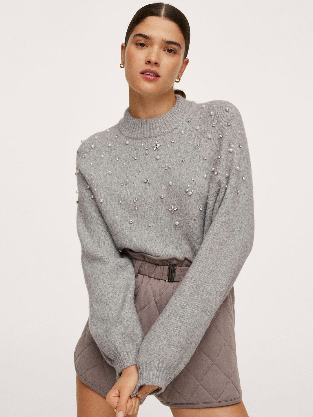

MANGO Women Grey Melange Embellished Pullover
