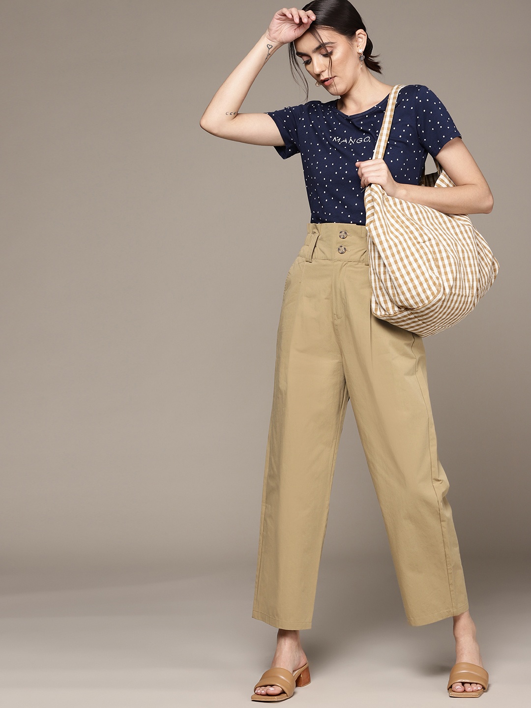 

MANGO Women Khaki Pure Cotton Pleated Trousers
