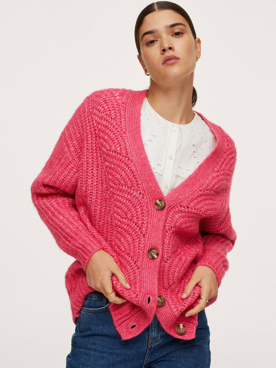 

MANGO Women Pink Open Knit Cardigan