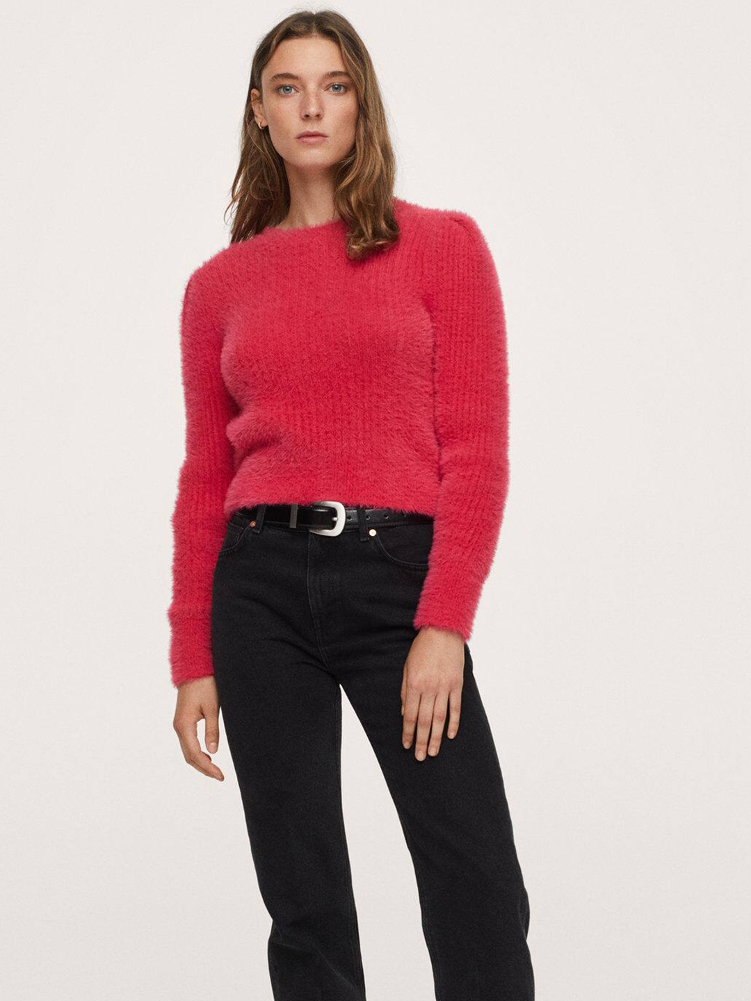 

MANGO Women Pink Solid Pullover With Fuzzy Detail