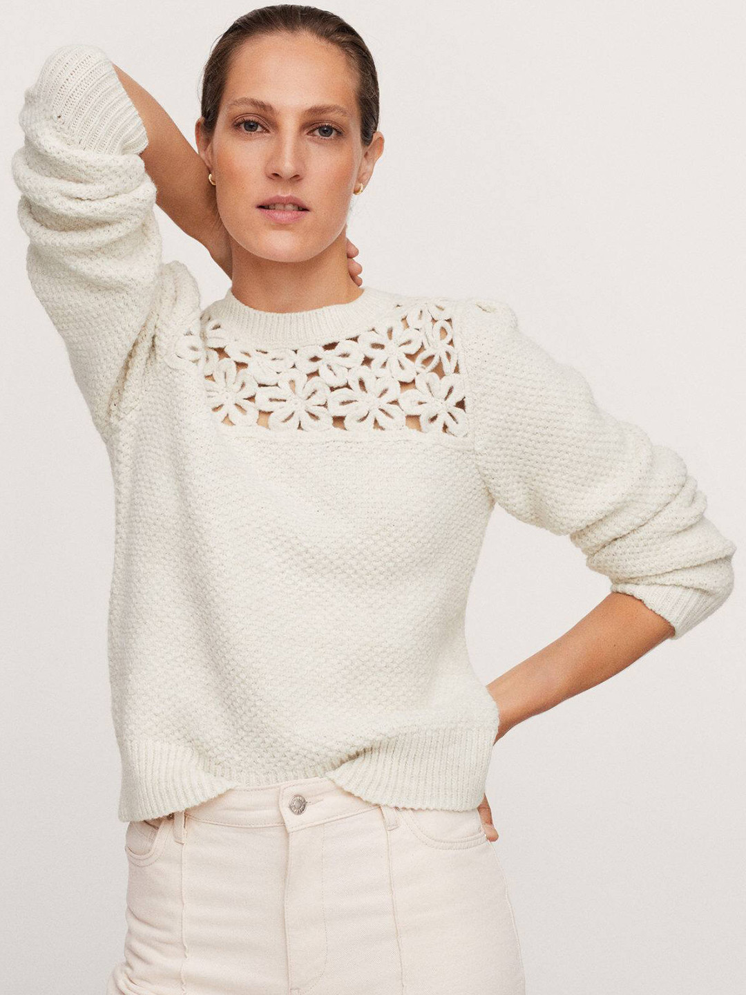 

MANGO Women White Floral Knit Pullover