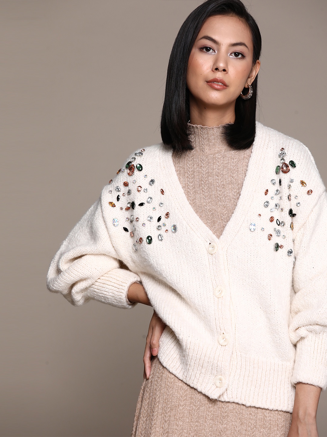 

MANGO Women Off White Embellished Cardigan