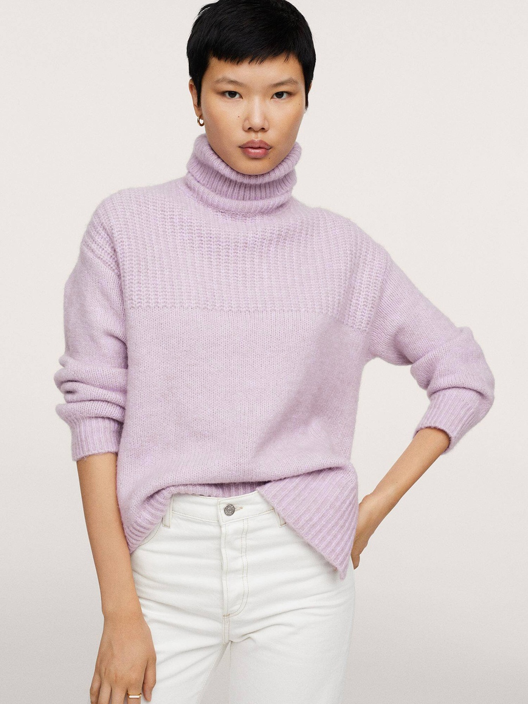 

MANGO Women Lavender Self Design Turtle Neck Pullover