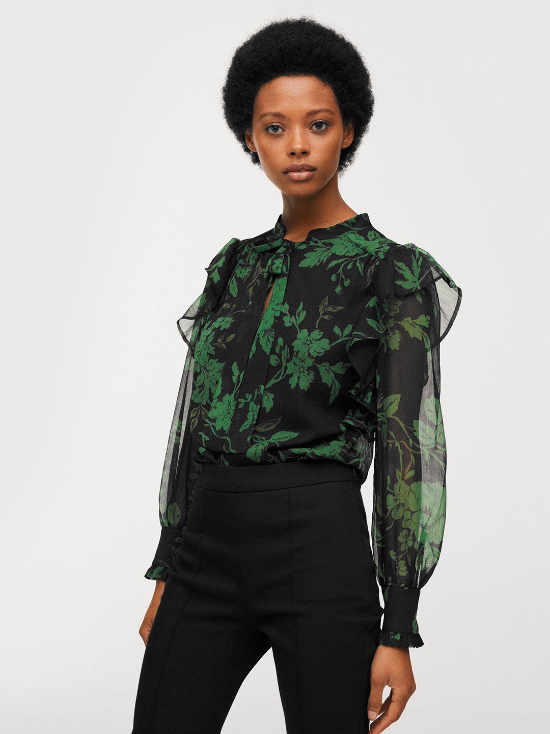 

MANGO Floral Print Tie-Up Neck Ruffles Top, Black