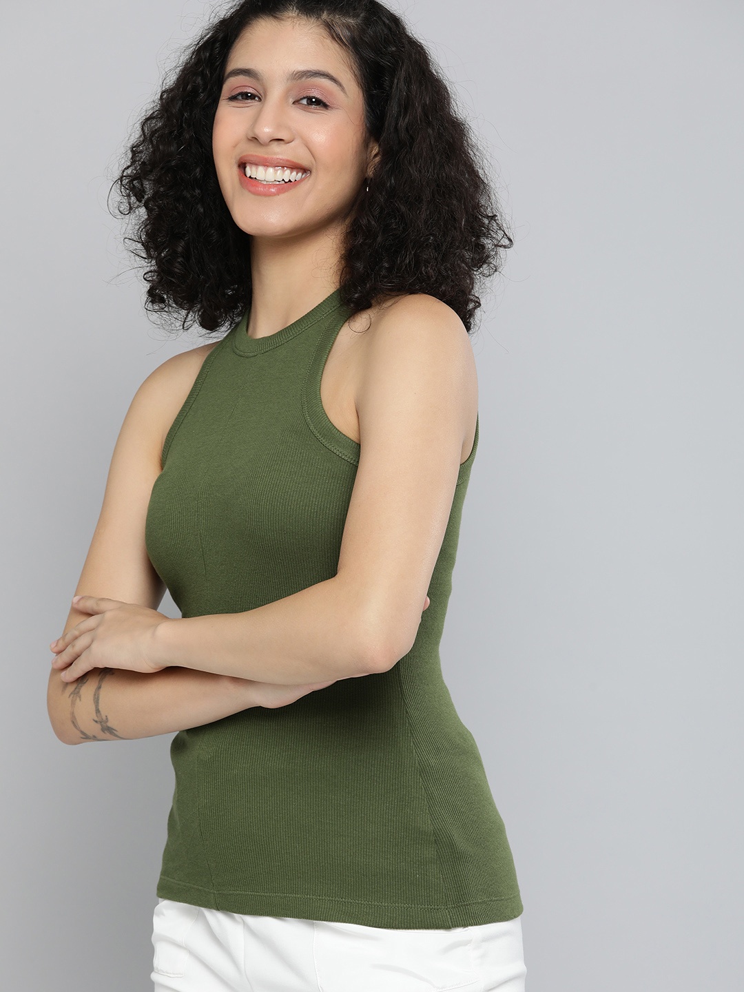 

HERE&NOW Women Olive Green Solid Ribbed Regular Top
