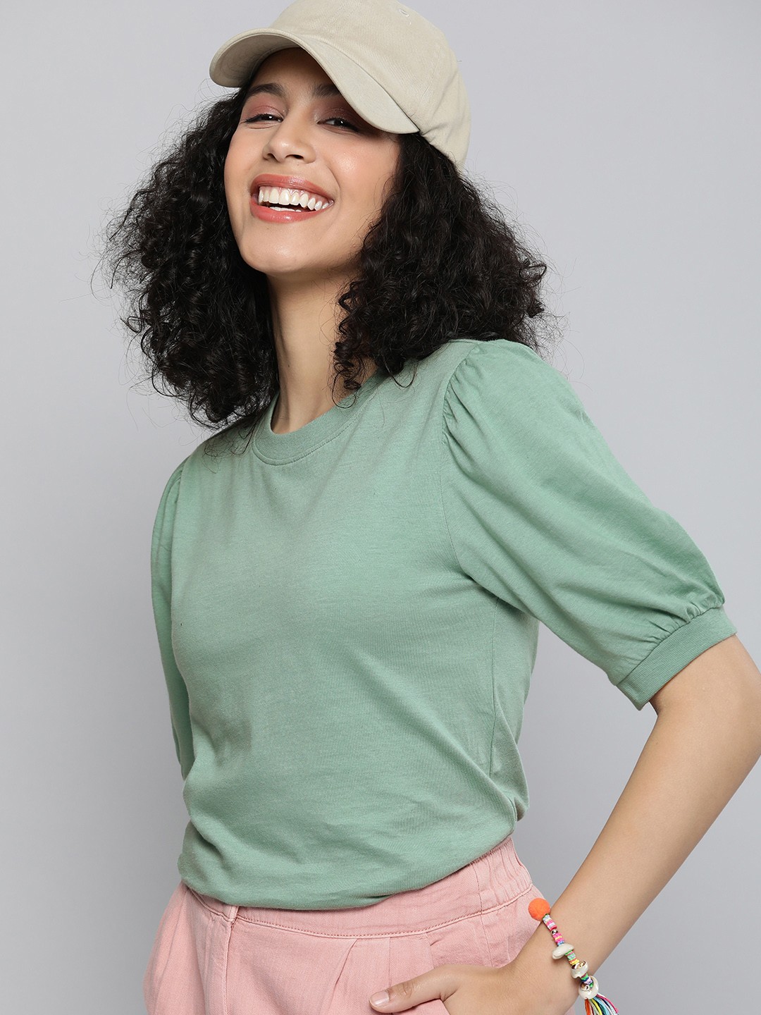 

HERE&NOW Women Green Solid Pure Cotton Regular Top