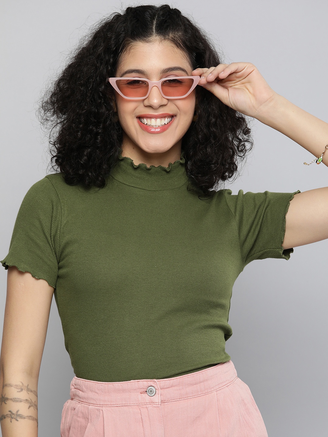 

HERE&NOW Women Olive Green Solid Regular Top