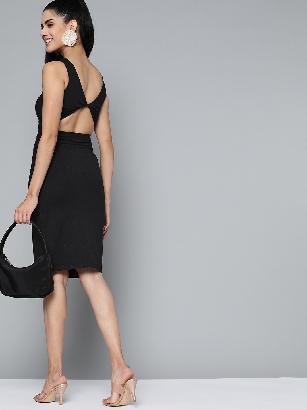 

HERE&NOW Women Black Solid Sheath Styled Back Dress