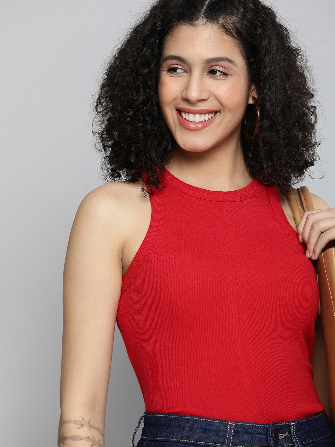 

HERE&NOW Women Red Solid Ribbed Regular Top