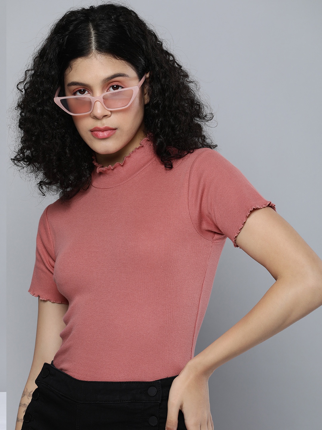 

HERE&NOW Women Rose Solid High-Neck Regular Top
