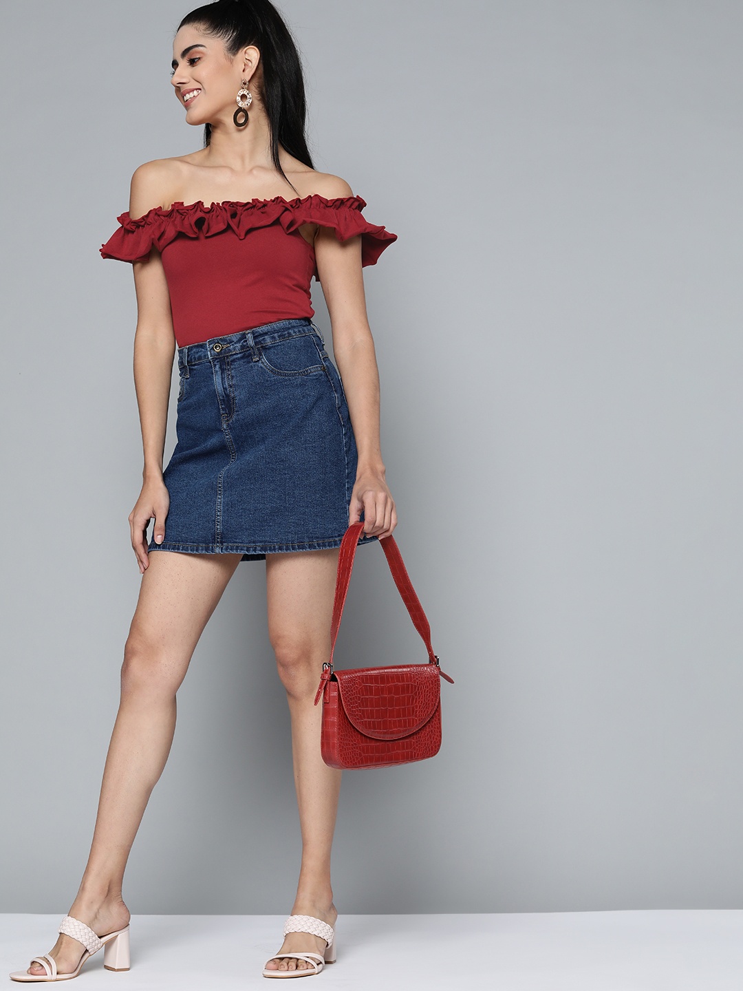 

HERE&NOW Red Off-Shoulder Ruffles Pure Cotton Bardot Top