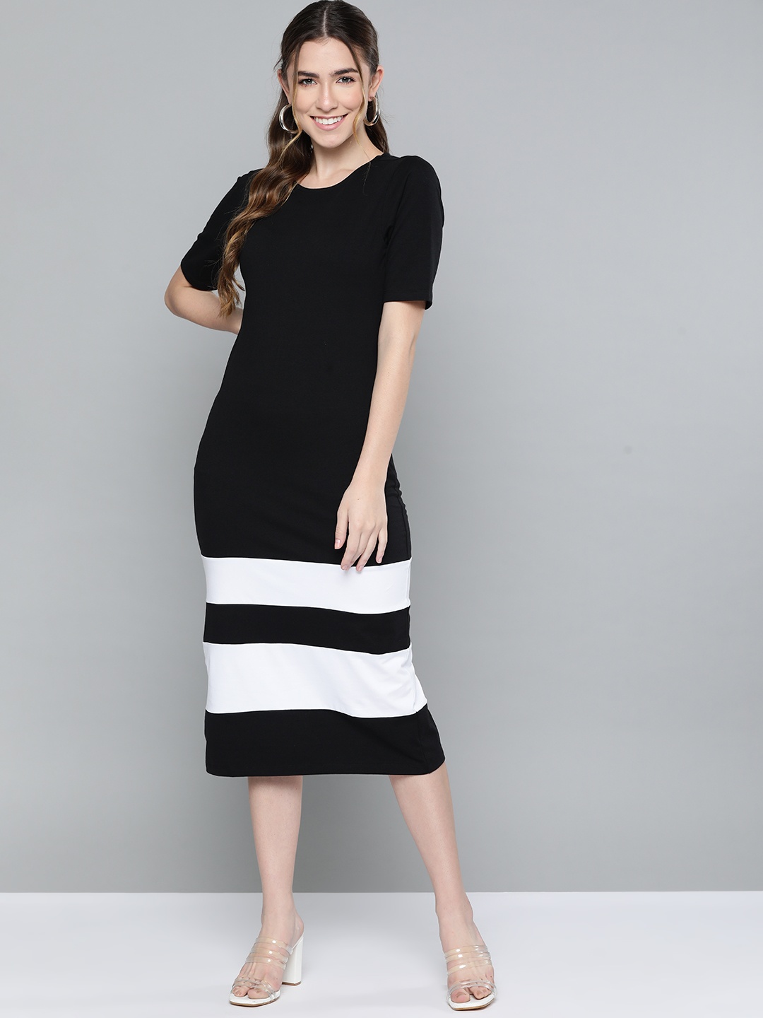 

HERE&NOW Women Black & White Striped Sheath Midi Dress