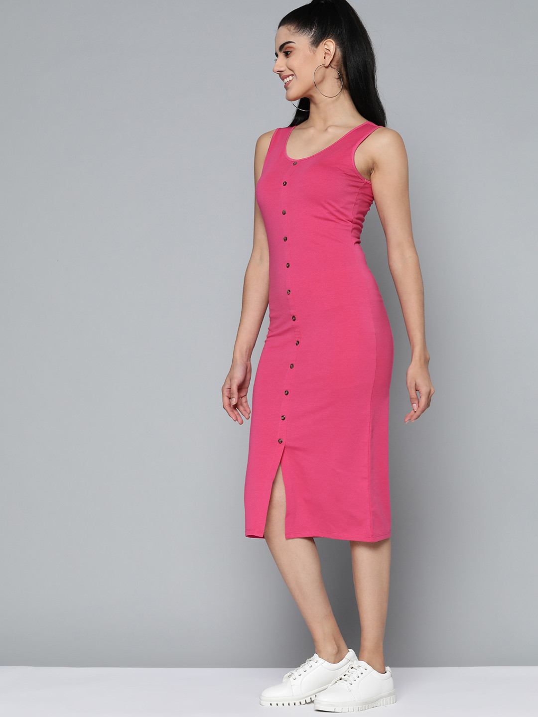 

HERE&NOW Women Pink Solid Sheath Midi Dress