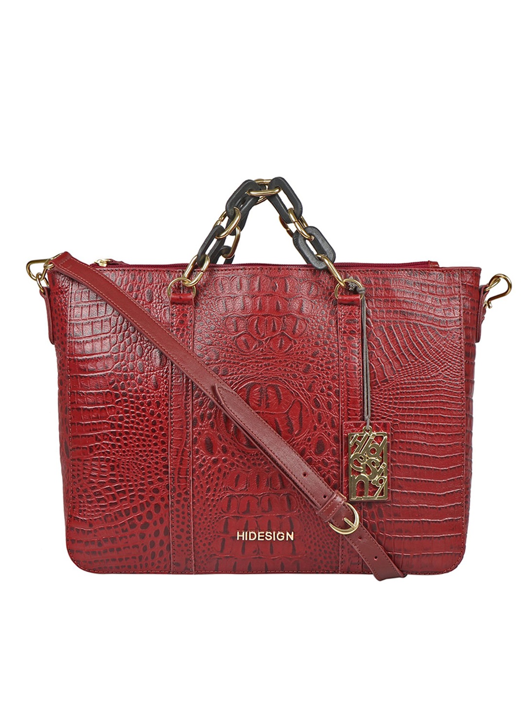 

Hidesign Red Textured Leather Structured Handheld Bag with Cut Work