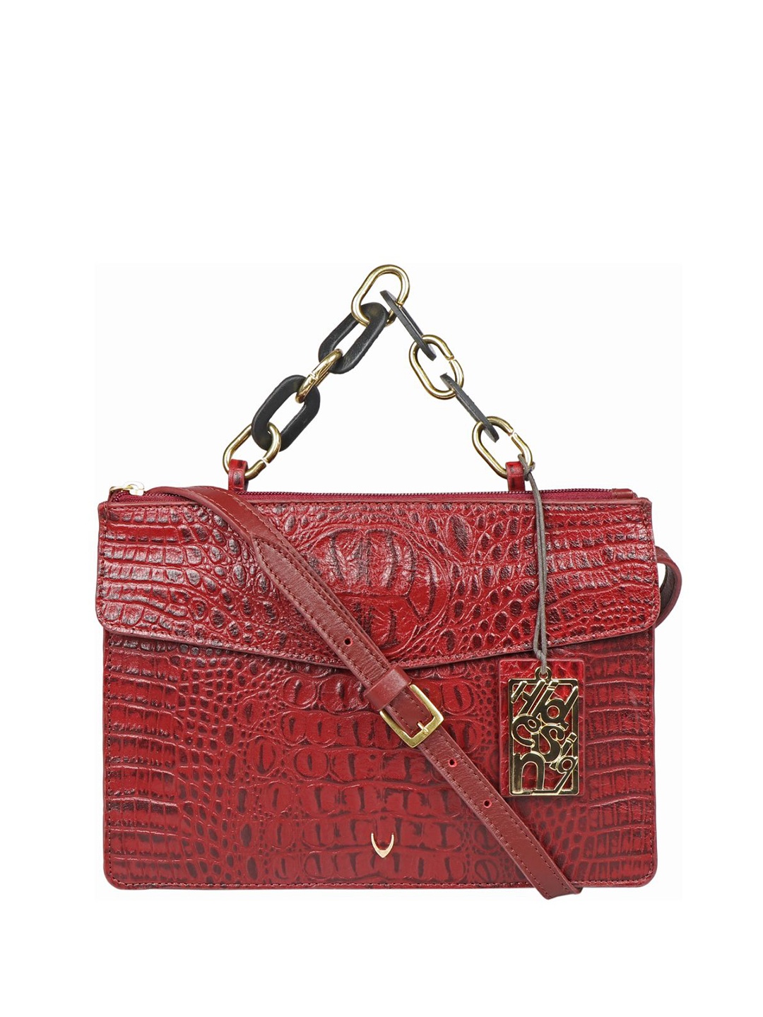 

Hidesign Red Textured Leather Structured Handheld Bag