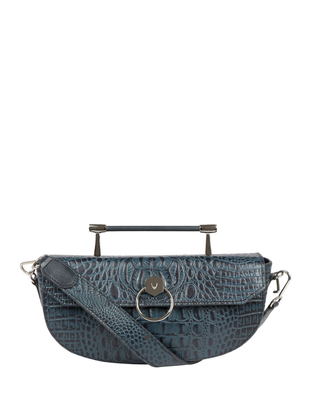 

Hidesign Blue Textured Leather Half Moon Satchel