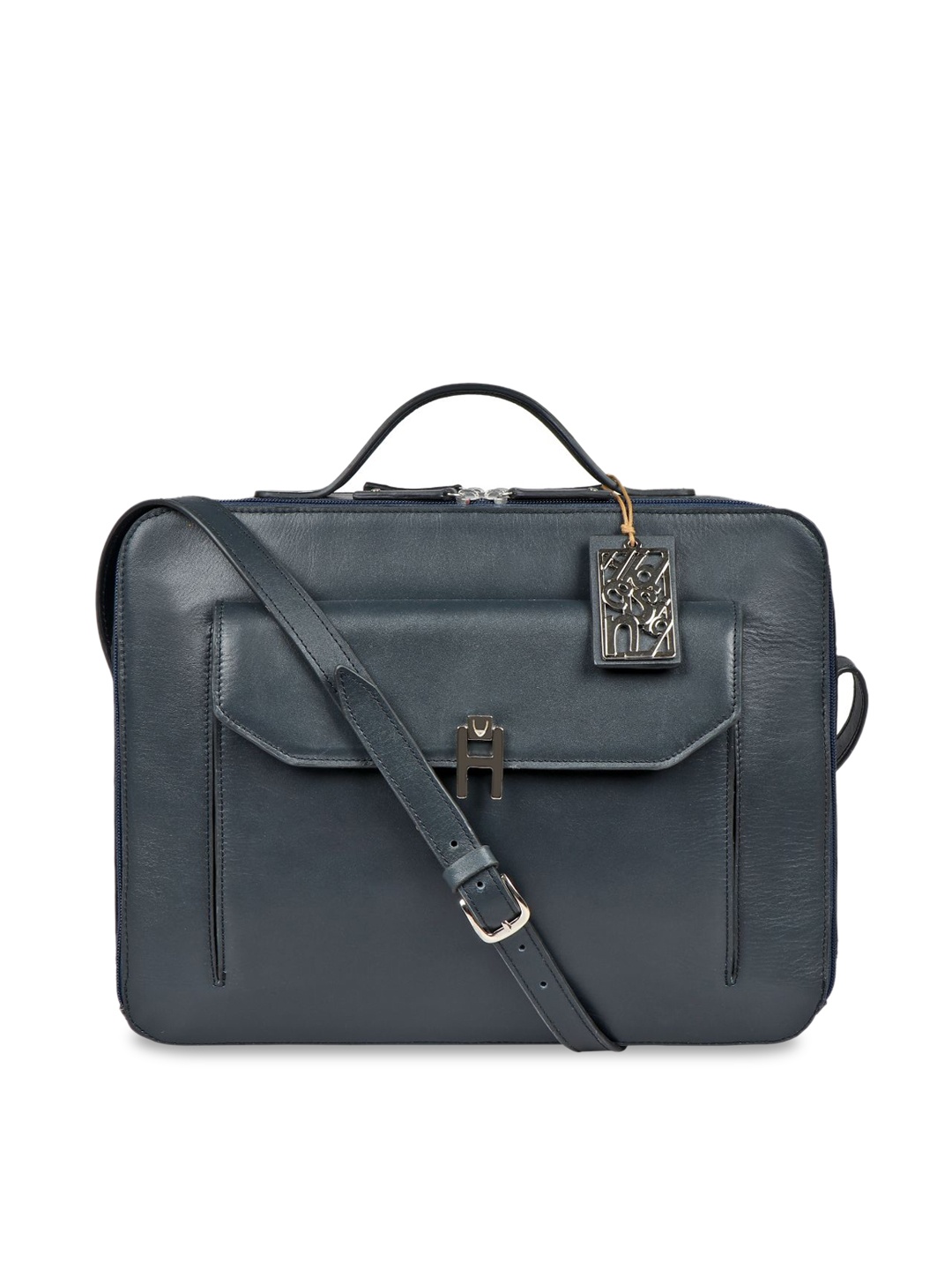 

Hidesign Blue Leather Structured Satchel with Applique