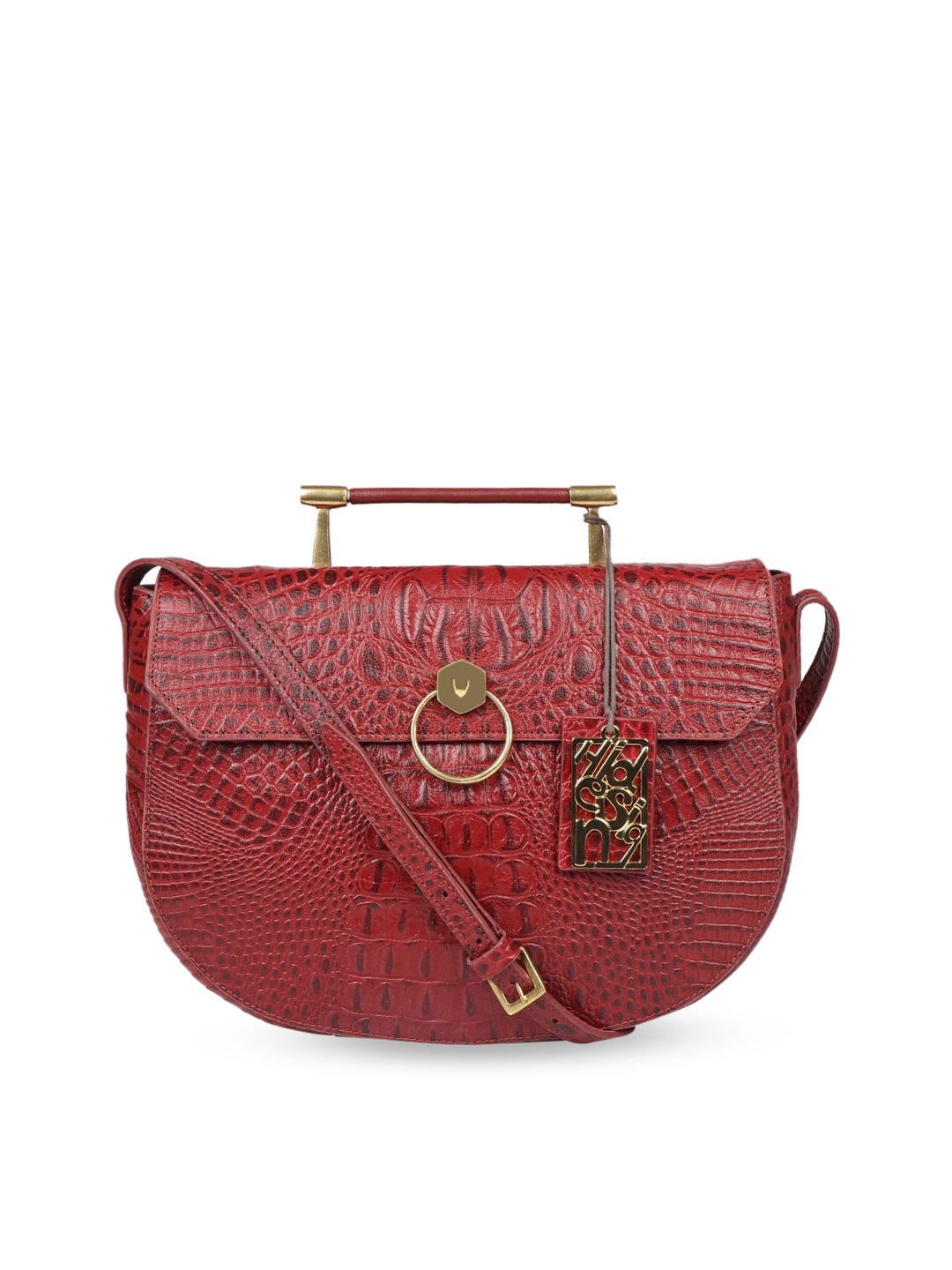 

Hidesign Red Textured Leather Half Moon Sling Bag with Cut Work