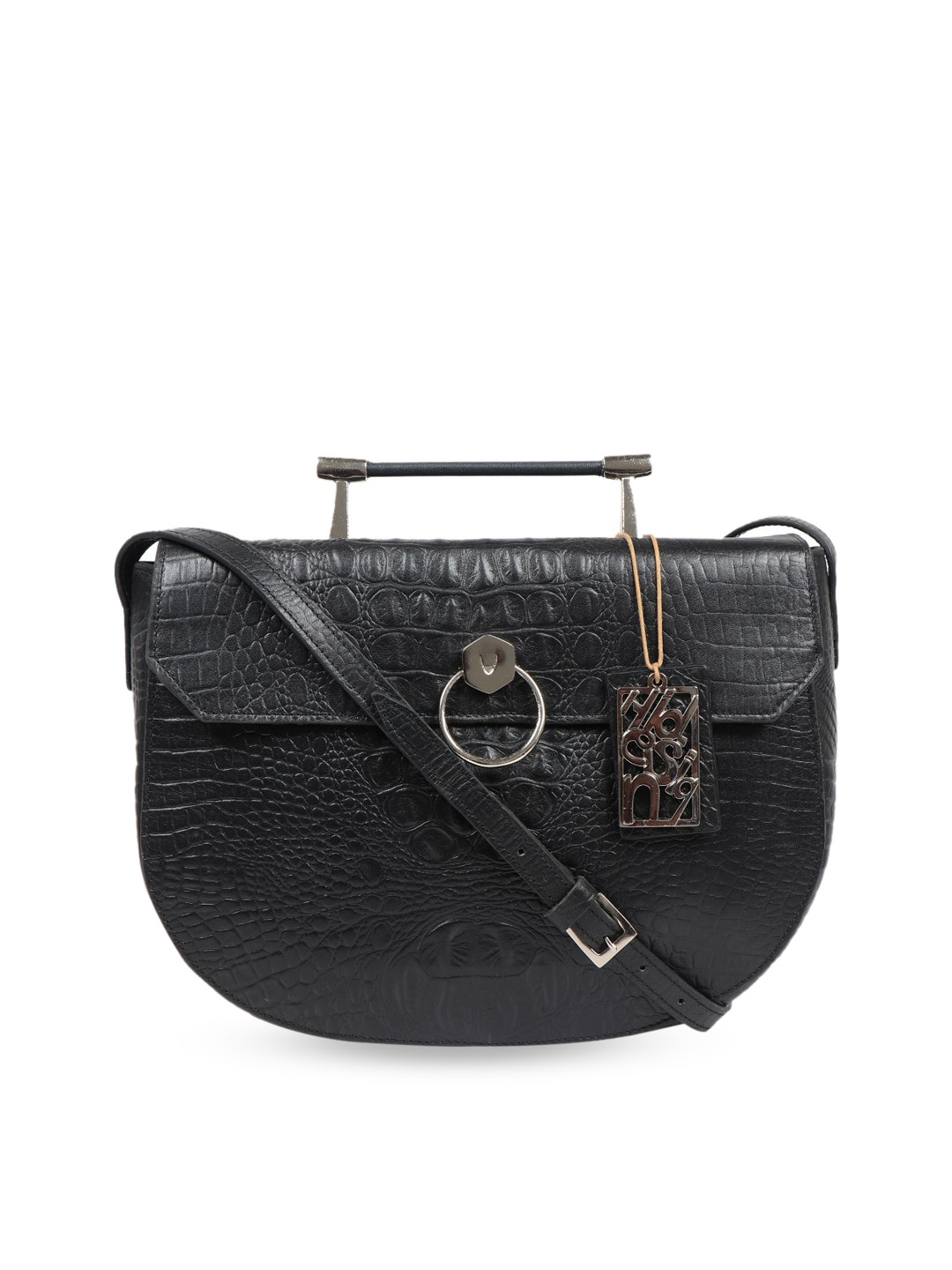 

Hidesign Black Textured Leather Half Moon Satchel with Cut Work